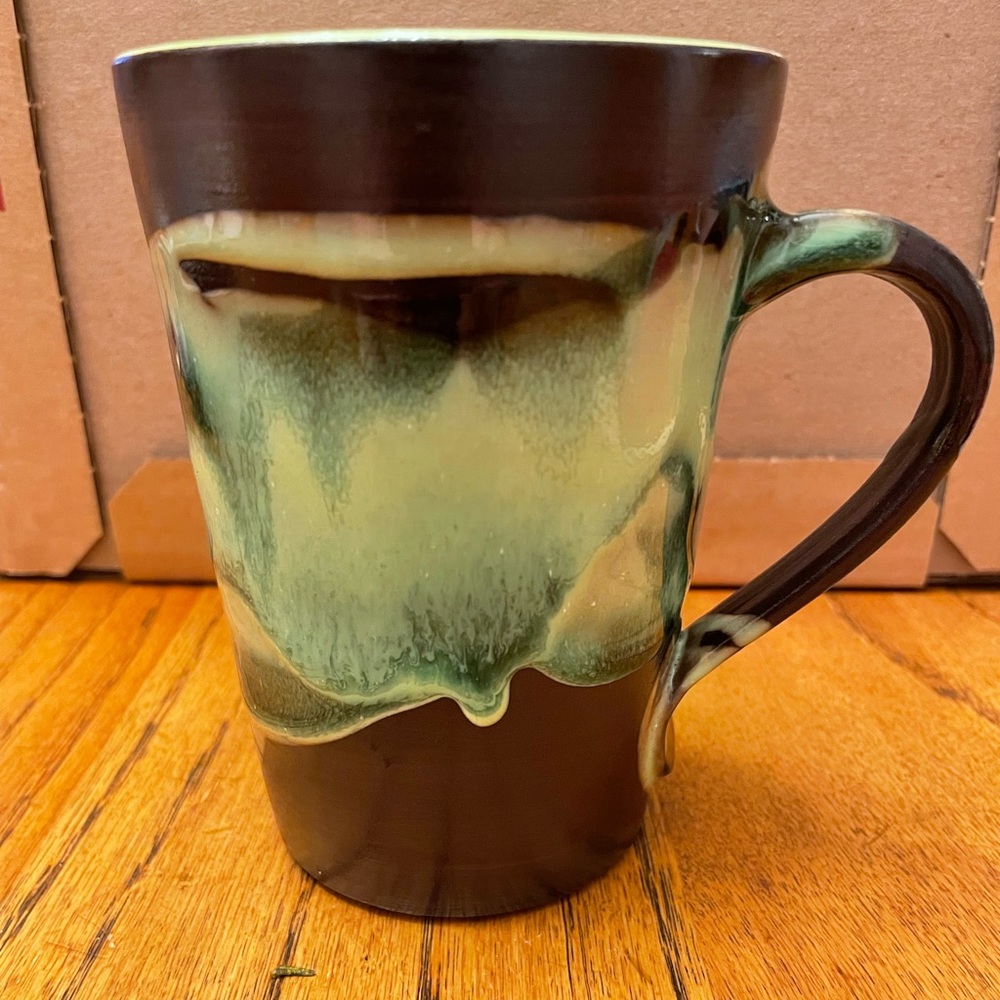 Handcrafted artisan pottery mug - brown and more lime green colors - holds @ 1.6